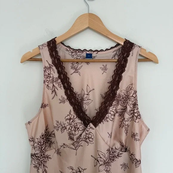 Women's Pink Floral Satin Lace Trim Midi Slip Dress Large Feminine Romantic - Picture 2 of 11